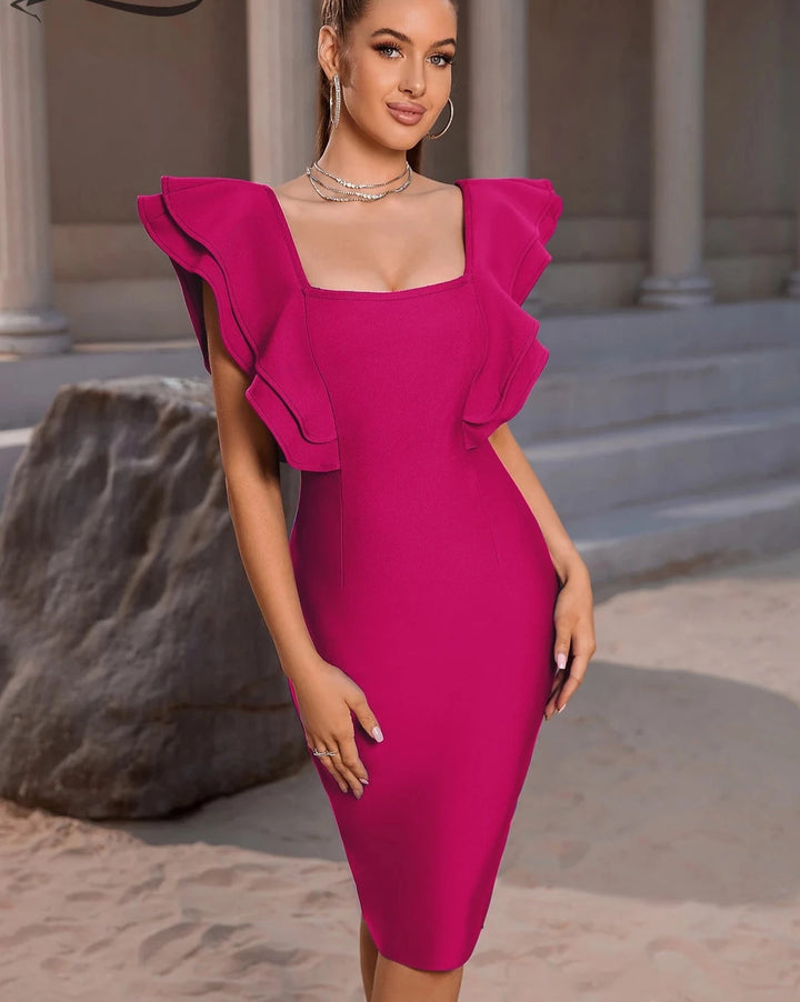 Bodycon Bandage Dress with Sexy Ruffles & Butterfly Sleeves - Divawearfashion