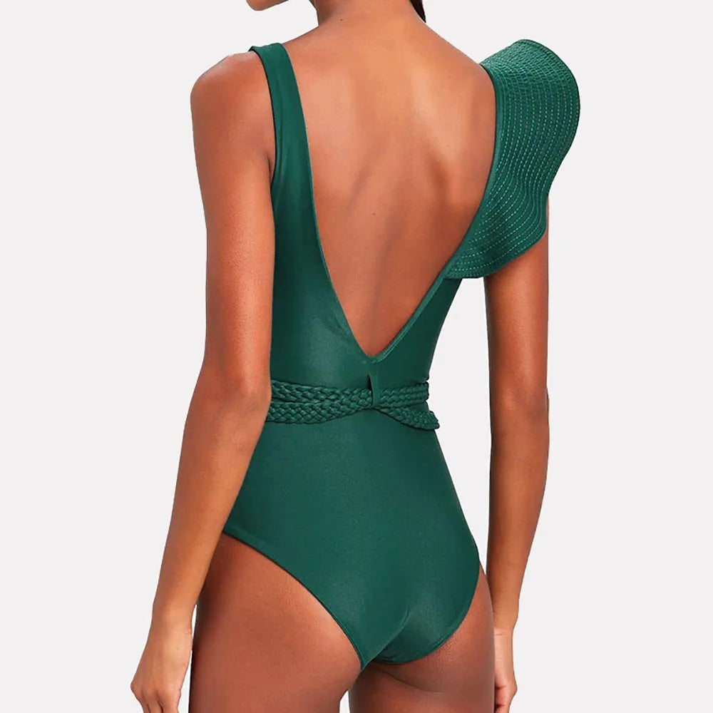 One Piece V Neck Ruffled Bathing Suit  - Divawearfashion