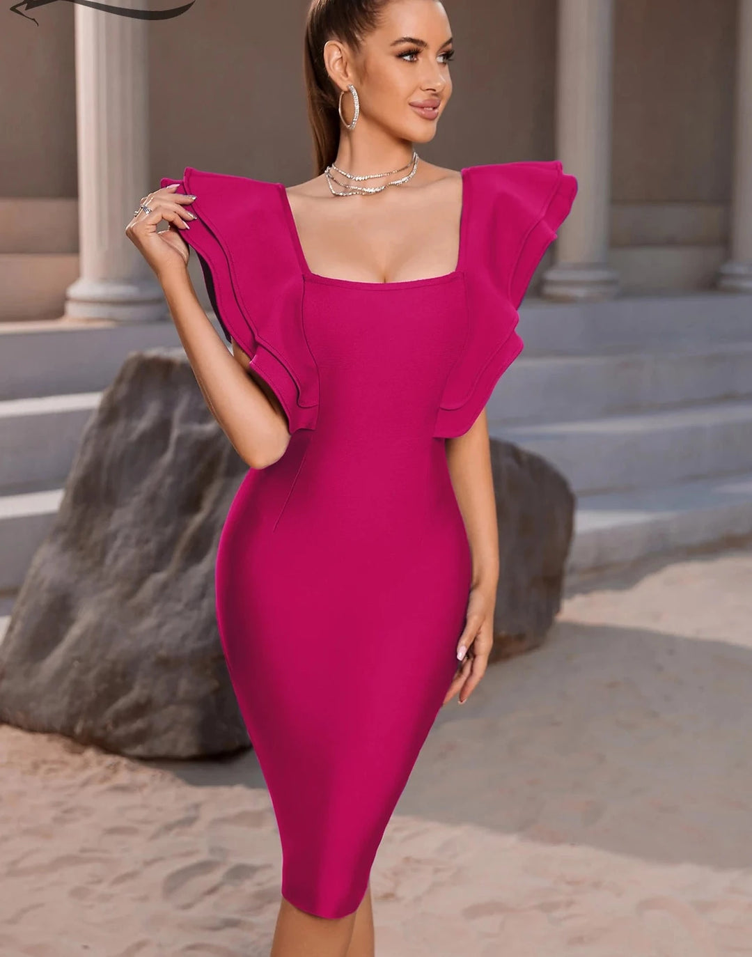 Bodycon Bandage Dress with Sexy Ruffles & Butterfly Sleeves - Divawearfashion