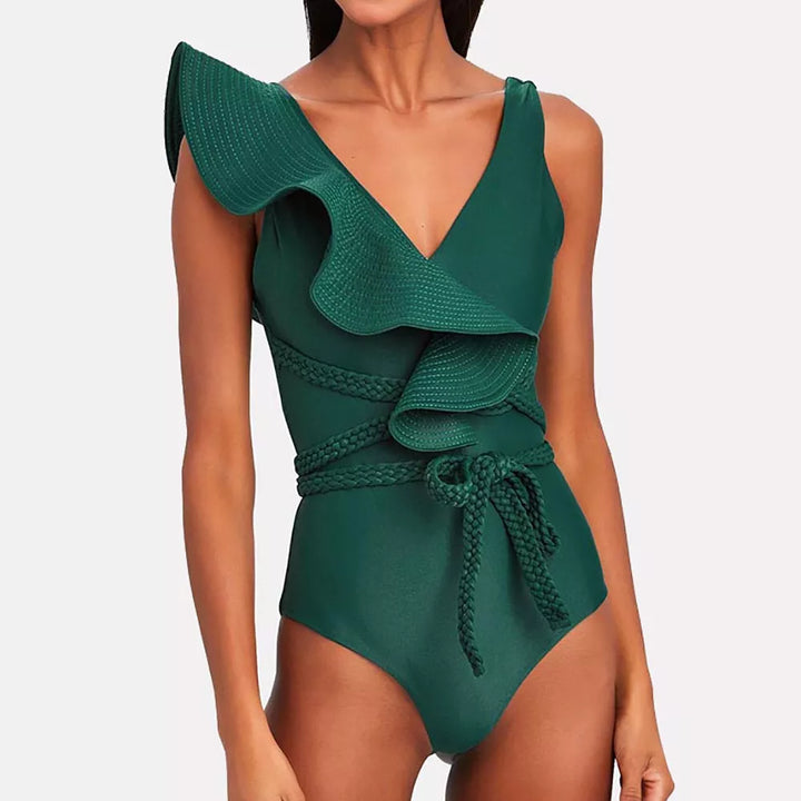 One Piece V Neck Ruffled Bathing Suit  - Divawearfashion