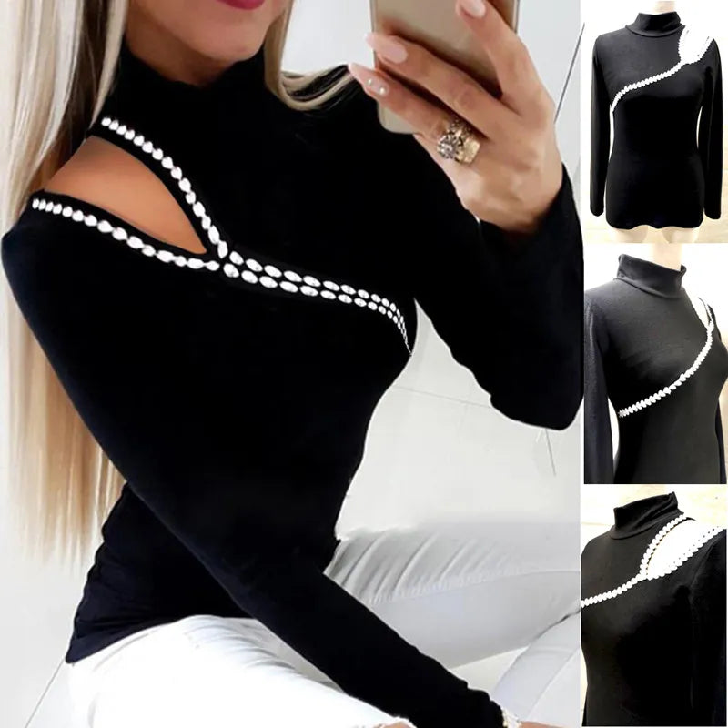 Long Sleeve Hollow Out Off Shoulder Plain Top - Divawearfashion
