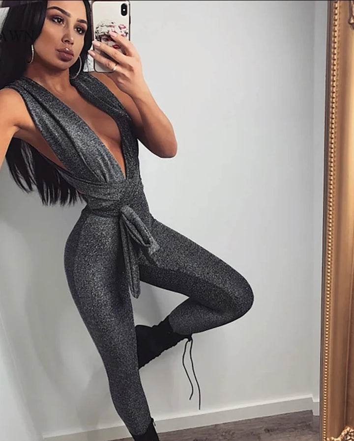 Sparkle Lace Up Bodycon Bandage Jumpsuit - Divawearfashion