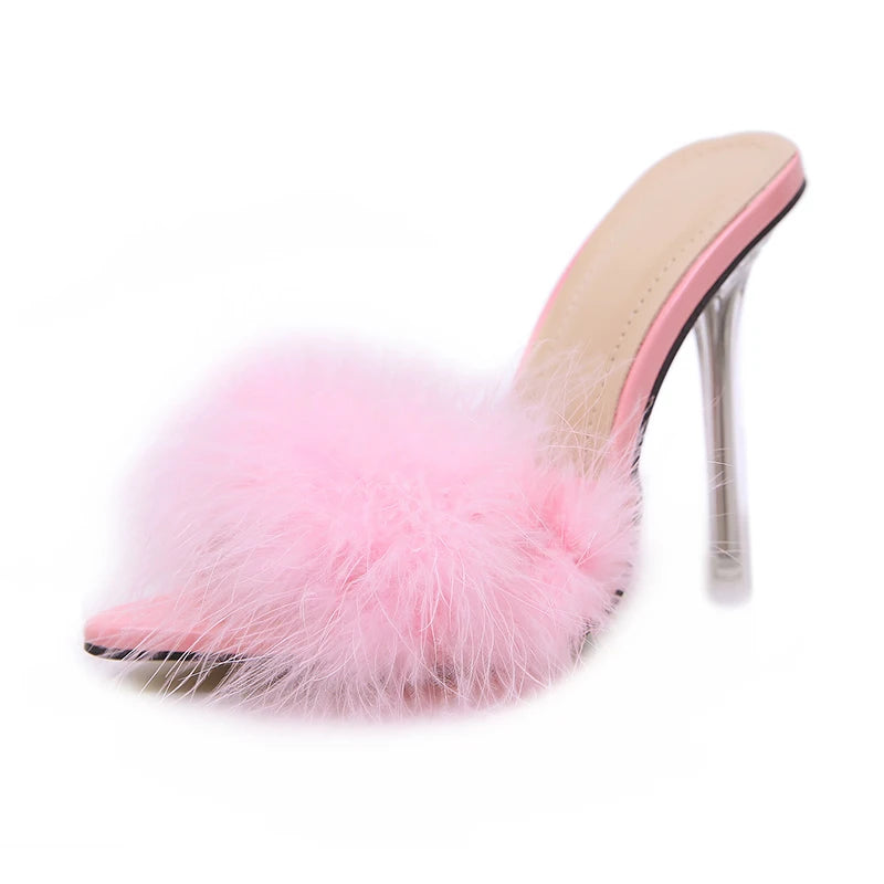 Feather Peep Toe Transparent High Heels Mules - Divawearfashion