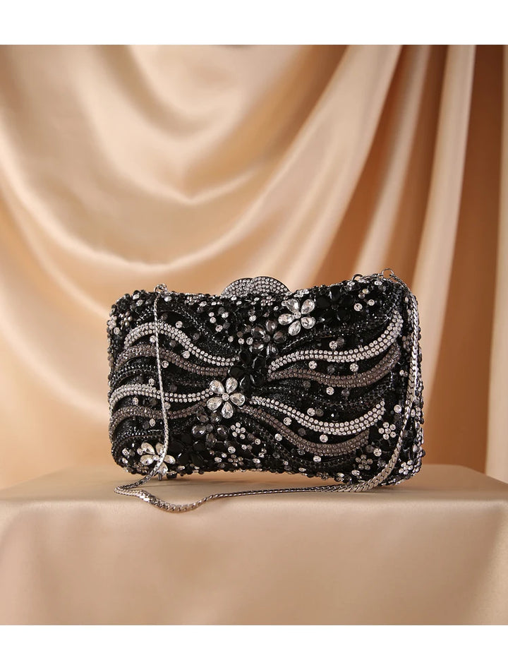 Silver Gold Black Crystal Diamond Beading Clutch - Divawearfashion