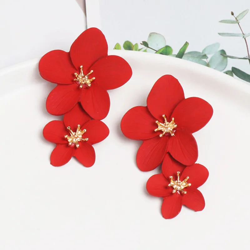 Big Double Flower Drop Earrings - Divawearfashion