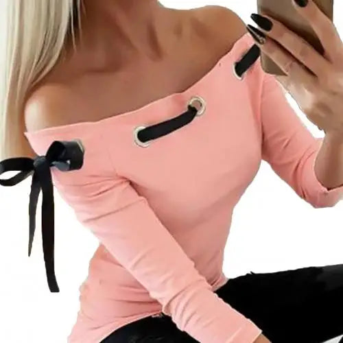 Off Shoulder Hollow Out Bowknot Long Sleeve Shirt
