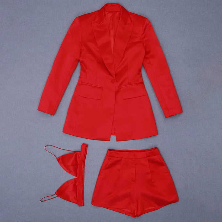 Single Button Red Blazer Camis Shorts Set 3PCS - Divawearfashion