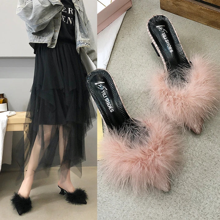 Non-Slip High Heels Rubber Bottom Fur High Heel Sandals - Divawearfashion