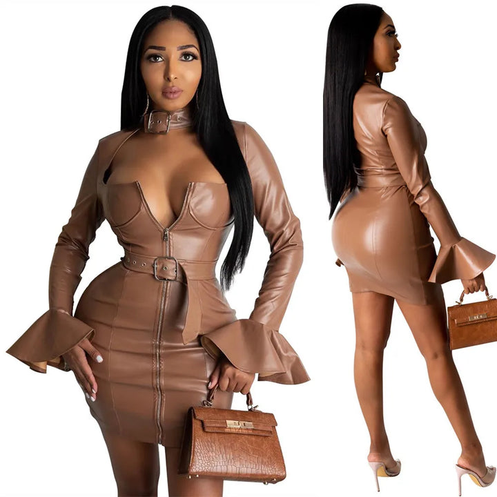 Faux Leather Zipper Bodycon Mini Dress with Belt - Divawearfashion