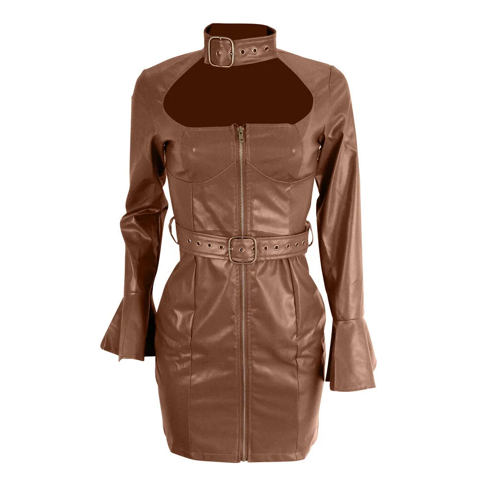 Faux Leather Zipper Bodycon Mini Dress with Belt - Divawearfashion