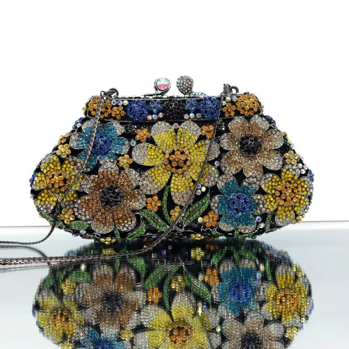 Metal Hardcase Diamond Flower Design Evening Clutch - Divawearfashion