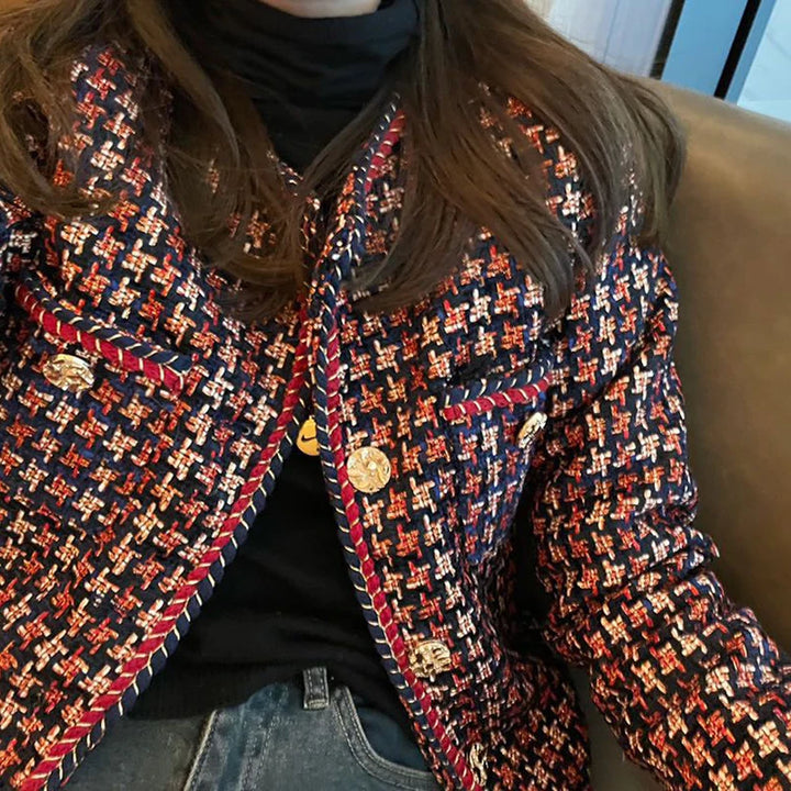 Weave Plaid Tweed Blazer with Pocket - Divawearfashion