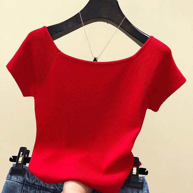 Knitted Short Sleeve Shirt - Divawearfashion