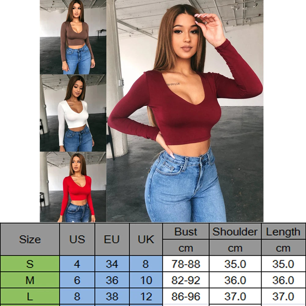 Solid V-Neck Long Sleeve Crop Top Pullover - Divawearfashion