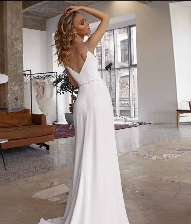 Soft Satin V-Neck Spaghetti Straps Luxury Beading Bridal Gowns - Divawearfashion