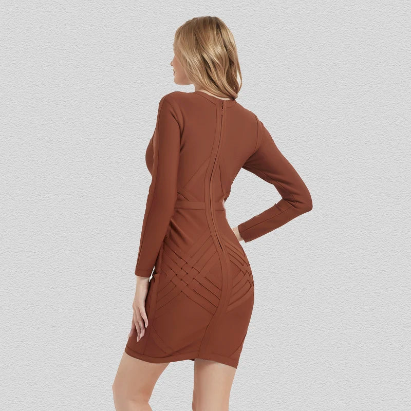 Long Sleeve O Neck Back Zipper Bandage Bodycon Dress - Divawearfashion