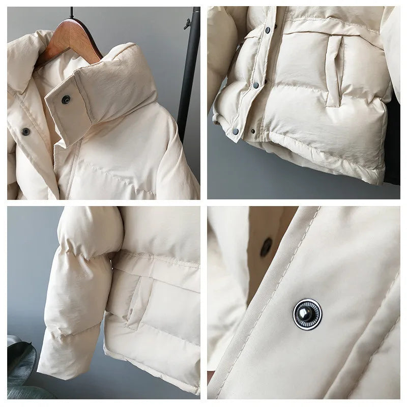 Short Single-Breasted Down Jacket with a Stand Collar - Divawearfashion