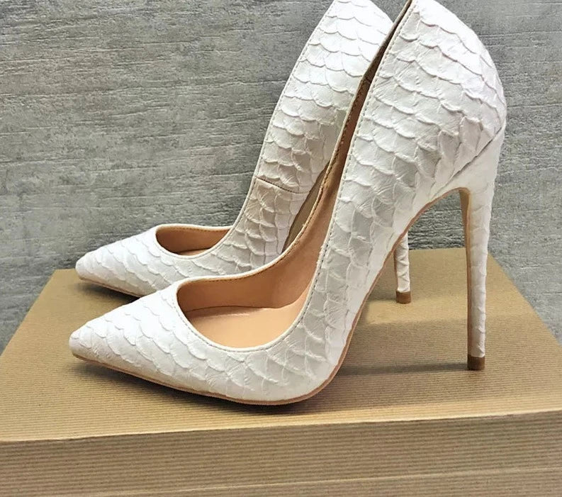 Tikicup White Crocodile-Effect Women Sexy Pattern Stiletto High Heels 12cm 10cm 8cm Customize Lady Pointy Pumps Chic Party Shoes - Divawearfashion