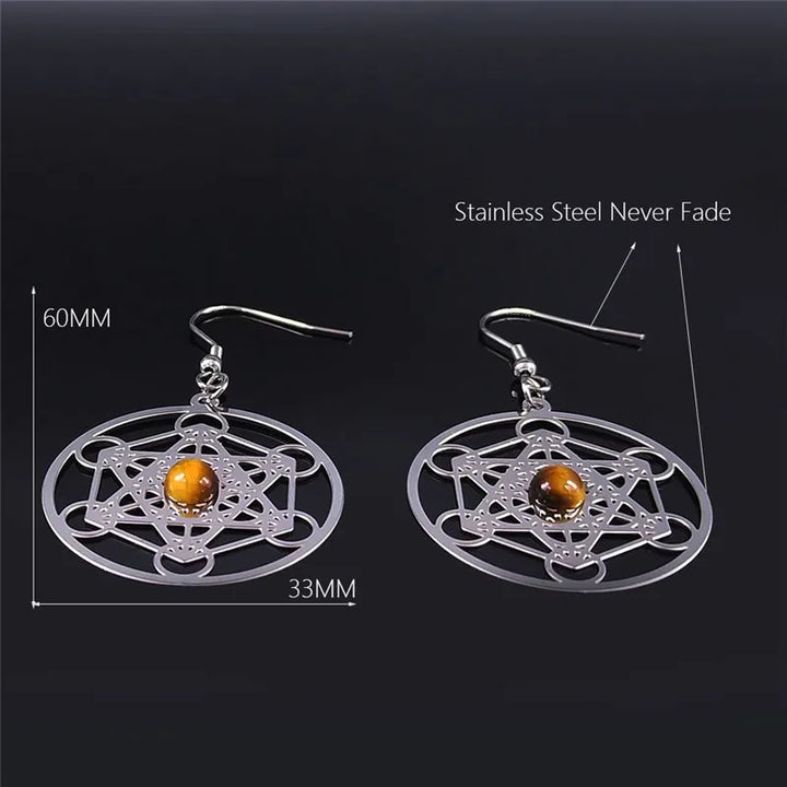 Stainless Steel Boho Tiger Eye Metatron Tree Flower of Life Geometry Earring - Divawearfashion