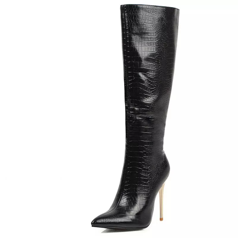 Leather/Snakeskin Long Boots with High Heels - Divawearfashion