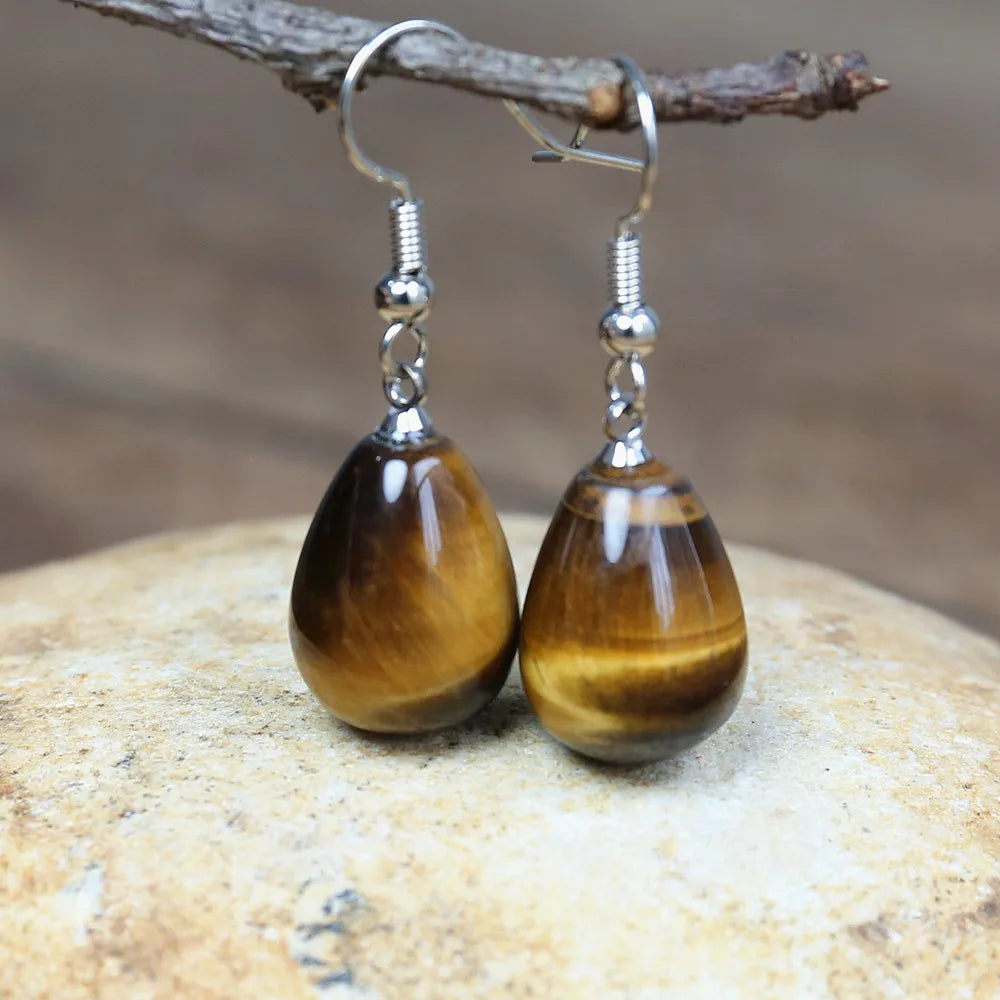 Natural Tiger Eye Stone Dangle Earrings - Divawearfashion