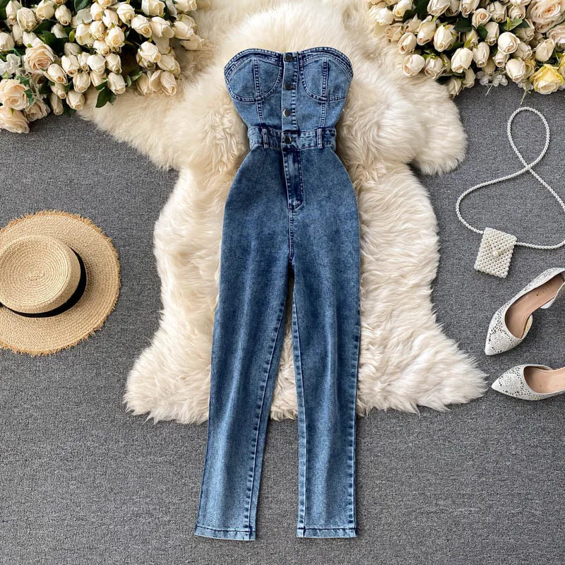 Amolapha Women Sexy Button Strapless Slim Denim Jeans Jumpsuits Outfit - Divawearfashion