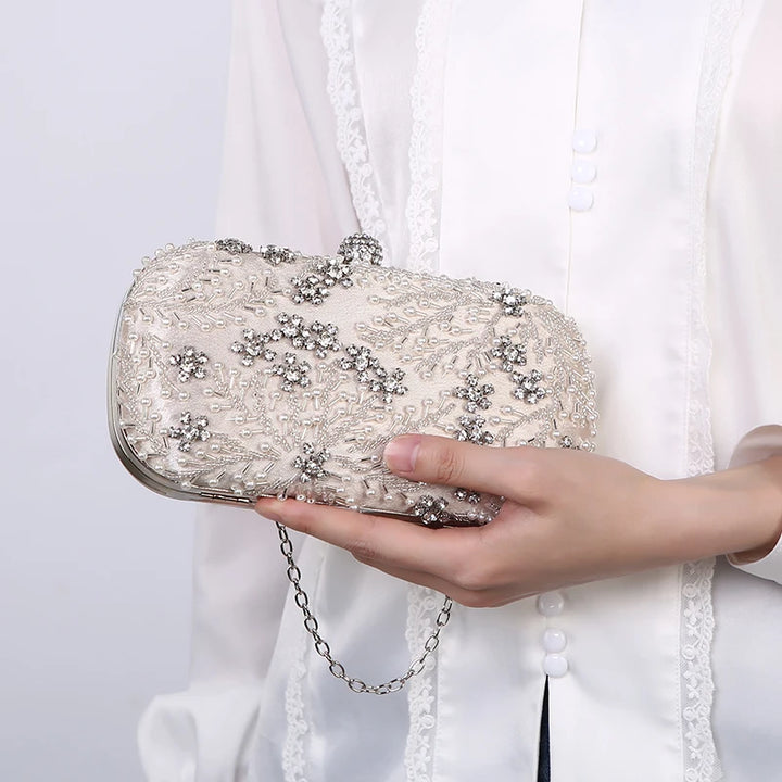 Crystal Pearl Embroidery Evening Bag - Divawearfashion
