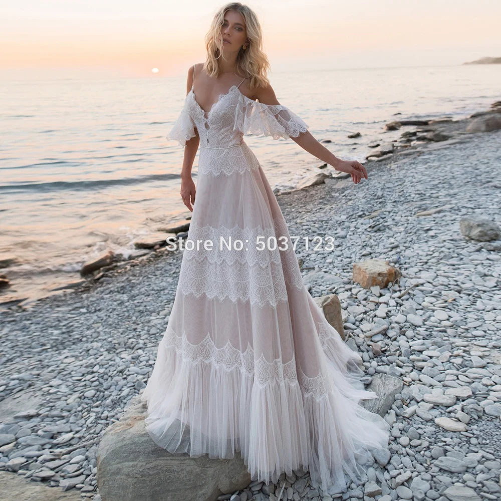 Bohemian V Neck Chic Sleeveless Straps Ruffles Lace A Line Backless Wedding Dress - Divawearfashion