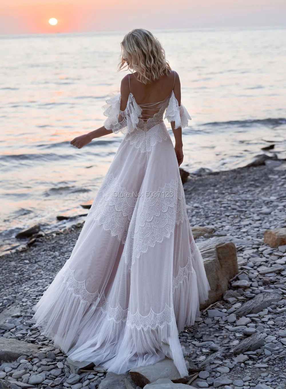 Bohemian V Neck Chic Sleeveless Straps Ruffles Lace A Line Backless Wedding Dress - Divawearfashion