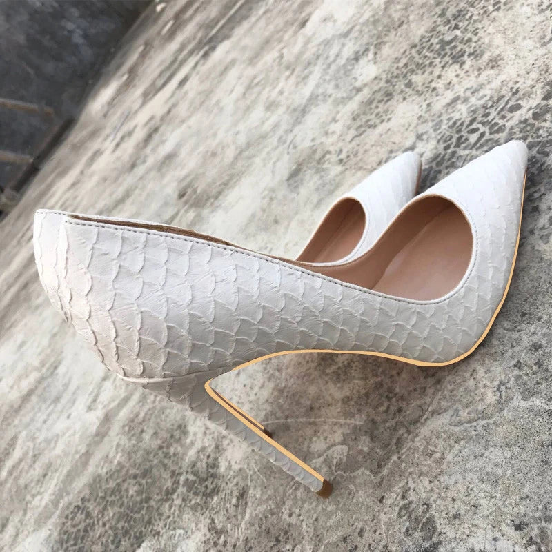 Tikicup White Crocodile-Effect Women Sexy Pattern Stiletto High Heels 12cm 10cm 8cm Customize Lady Pointy Pumps Chic Party Shoes - Divawearfashion