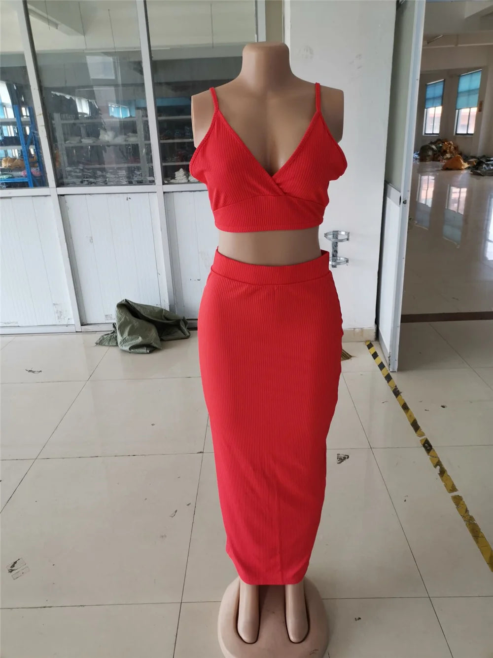 Ribbed Knit 2 PCS Crop Top and Long Skirt Set - Divawearfashion