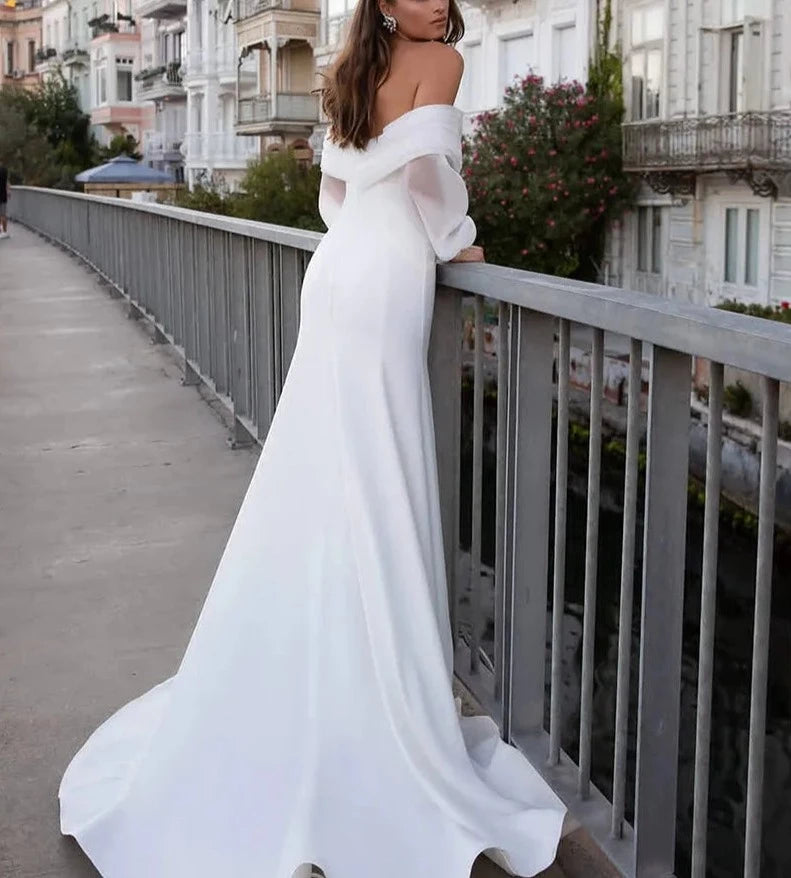 Satin Mermaid Long Fluff Sleeve Off The Shoulder Bridal Gowns - Divawearfashion