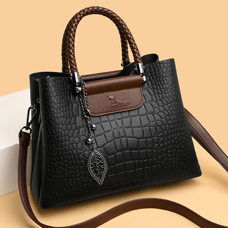 3 Layers High Quality Leather Pocket Handbag Tote - Divawearfashion