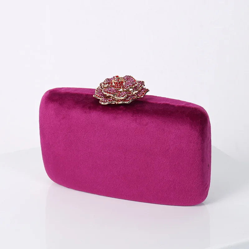 Velvet Clutch with Diamond Flower Lock - Divawearfashion