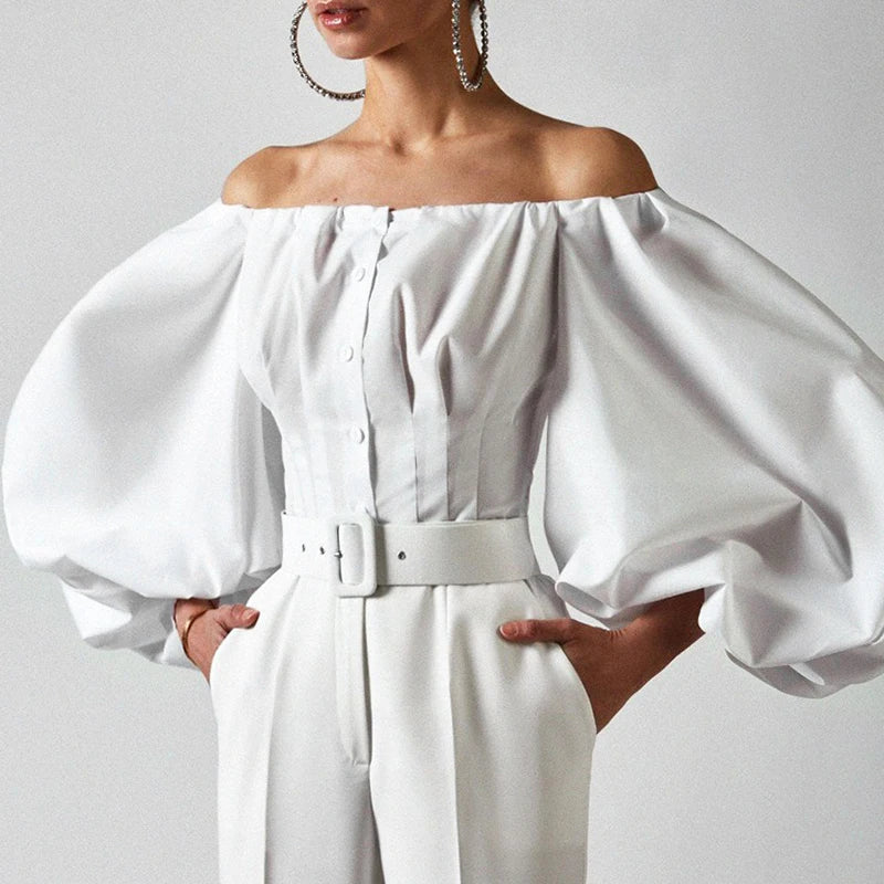 Off Shoulder Lantern Button Up Blouse - Divawearfashion