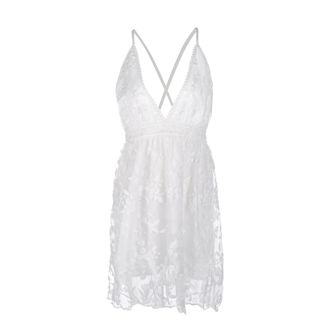 White Lace Flower Beach Mini Dress - Divawearfashion