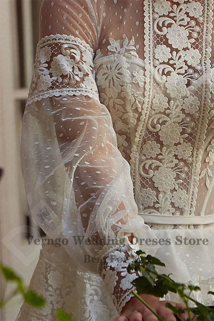 Boho Long Sleeve Puffy Sleeve Dot Tulle Lace Wedding Dresses with Buttons - Divawearfashion