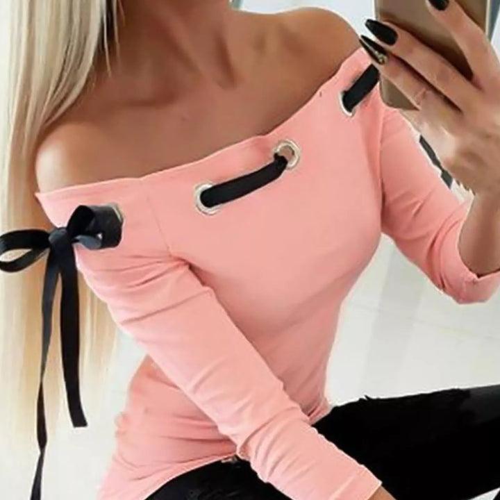 Off Shoulder Hollow Out Bowknot Long Sleeve Shirt - Divawearfashion