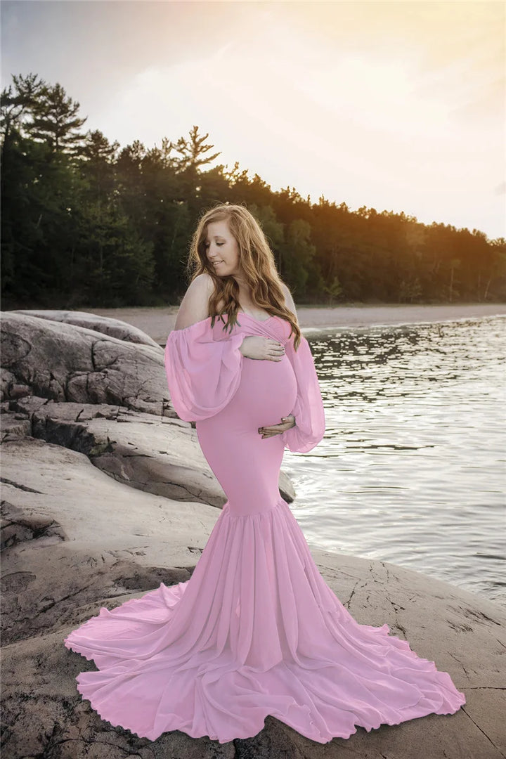 Sexy Off-Shelter Maternity Dresses with Ruffles - Divawearfashion