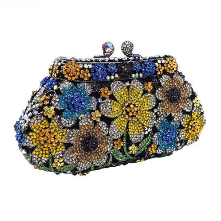 Metal Hardcase Diamond Flower Design Evening Clutch - Divawearfashion