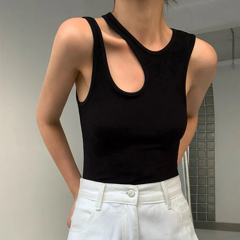 Cut Out Round Neck Sleeveless T Shirts - Divawearfashion