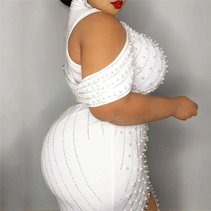 Plus Size High Waist Sexy Bodycon Mini Dress with Pearls - Divawearfashion