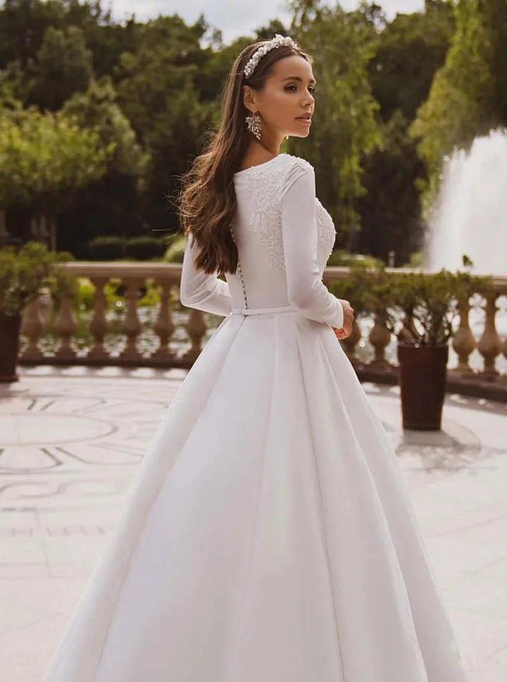 Satin Long Sleeve Lace Bride Gown - Divawearfashion