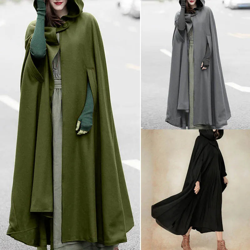 Poncho Hooded Front Cloak Loose Solid Long Coat Hoodies - Divawearfashion