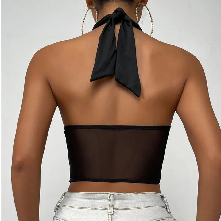 Backless Cross Halter Corset Bustier Mesh - Divawearfashion