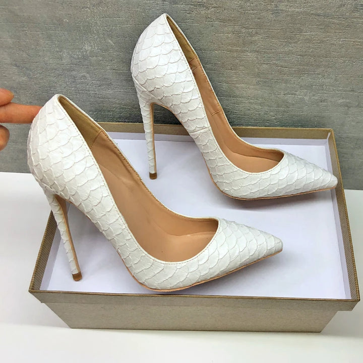 Tikicup White Crocodile-Effect Women Sexy Pattern Stiletto High Heels 12cm 10cm 8cm Customize Lady Pointy Pumps Chic Party Shoes - Divawearfashion
