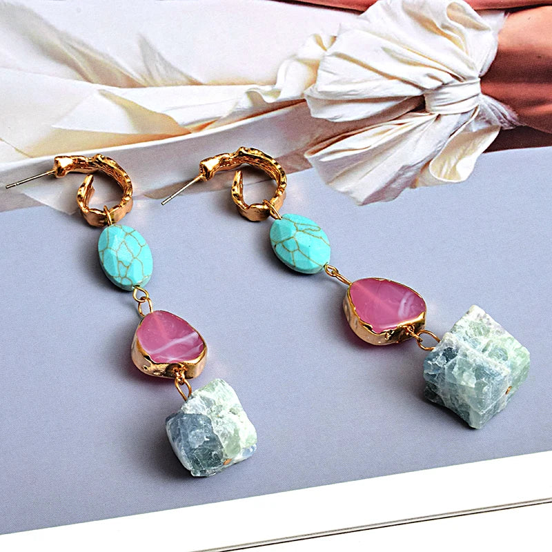 Long Irregular Handmade Natural Stone Drop Earrings - Divawearfashion