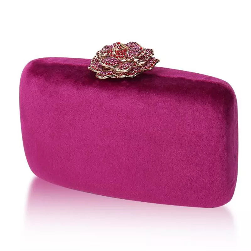 Evening Velvet Clutch Bag with Diamond Flower Lock - Divawearfashion