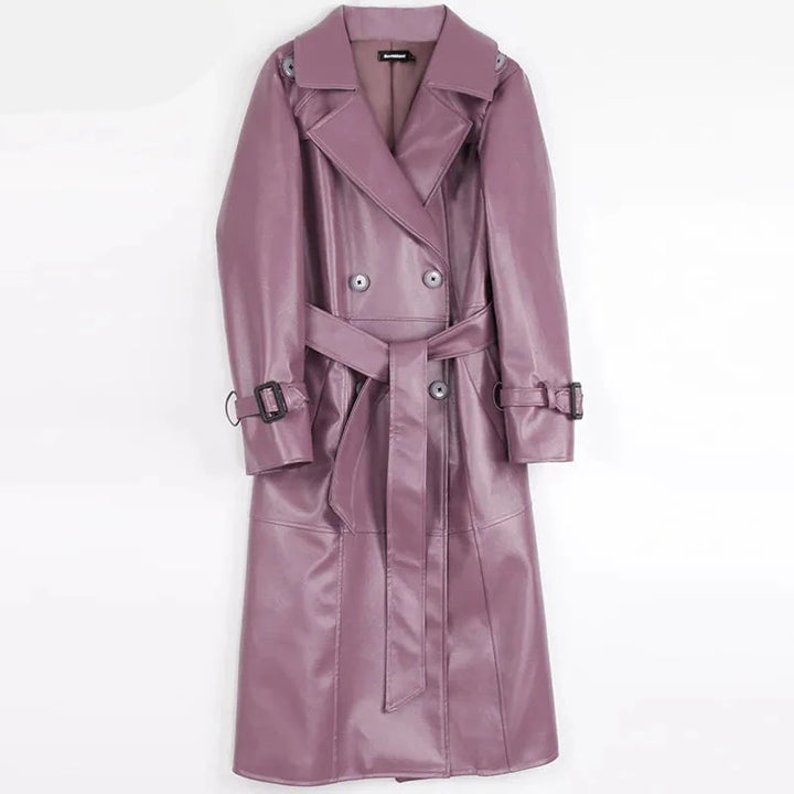 Double Breasted Long Faux Leather Trench Coat  - Divawearfashion