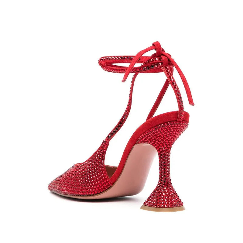 Sequined Slingback Ankle Strap Cross-tied Heels - Divawearfashion